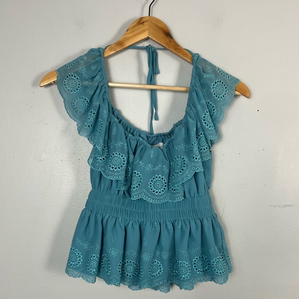 Lovers + Friends Teal eyelet ruffle off shoulder blouse size XS
